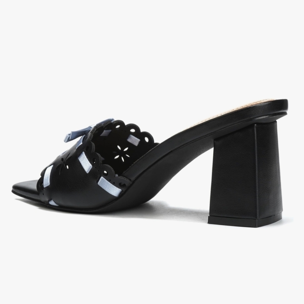 Black W/ Sky Blue Ribbon, Block Heeled Open Toed Mules - New Size 8 & 11 - Picture 2 of 8